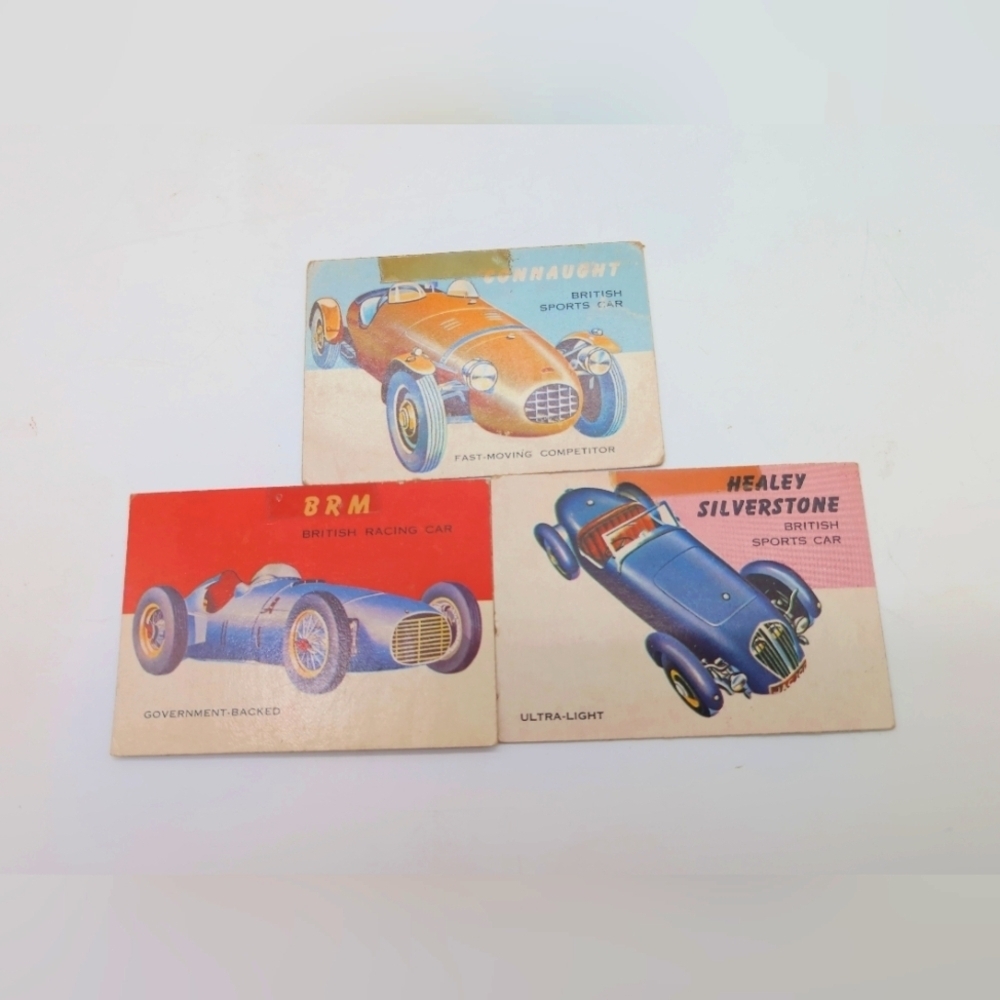1954 Topps Car Card Set 3 British Race Cars BRM, Connaught, Healey Silverstone